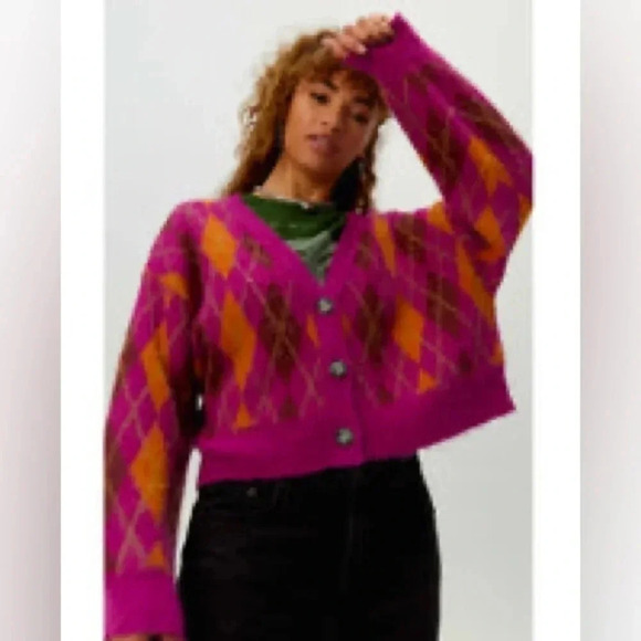 Daydreamer - Fuschia Sunset Argyle Cardigan slouchy cropped NWT - Picture 1 of 8